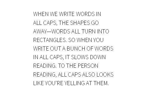 7.不要全部使用大写 标题需要比文本更大的字体，在文档中比较重要的事字体应该更大。我们通过单词的形状